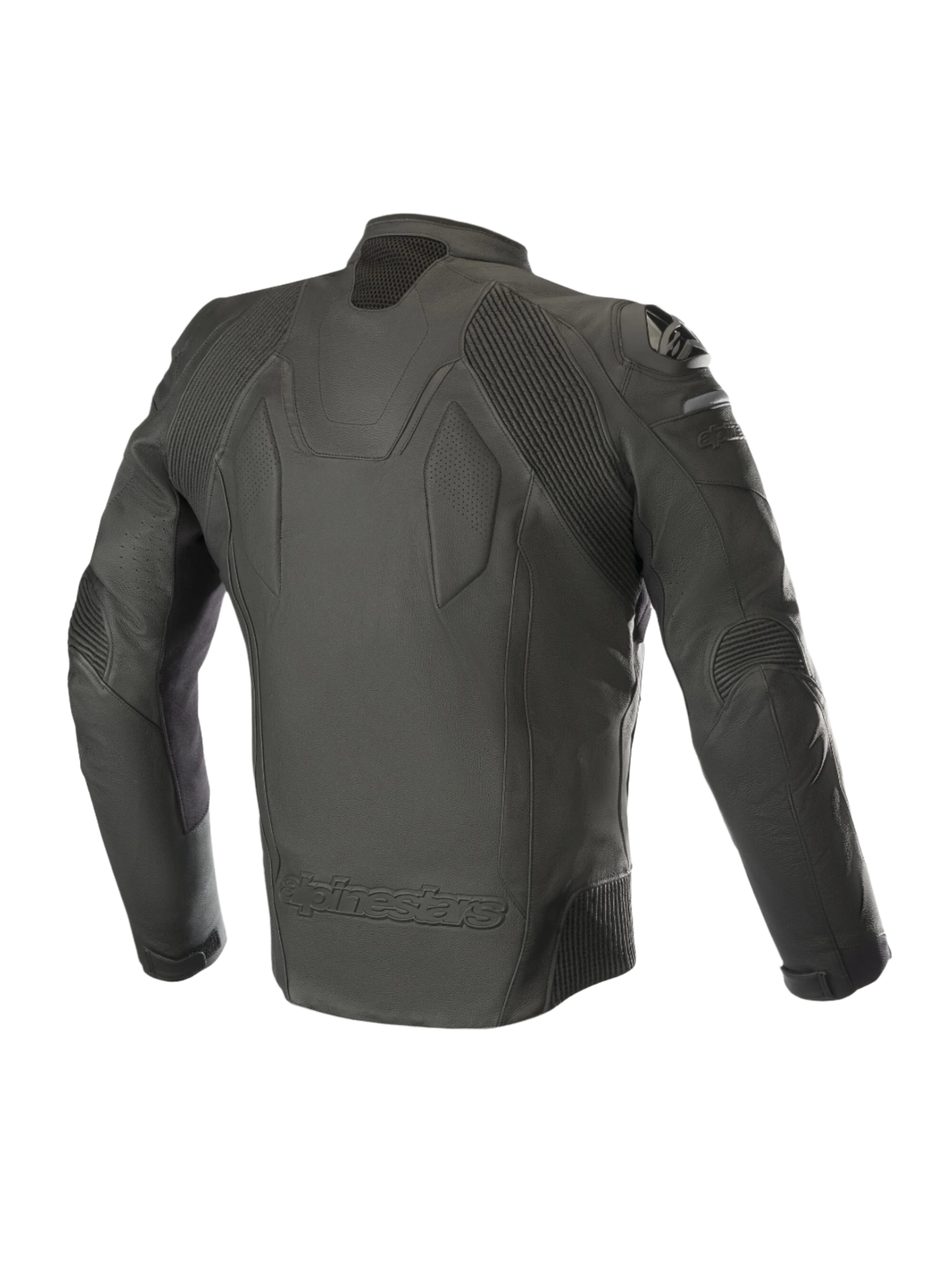 Casaco de Couro Alpinestars Caliber, preto, vista traseira, construção em couro premium, painéis de estiramento em acordeão nos ombros e cotovelos, deslizadores de ombro DFS externos e marca Alpinestars em relevo na parte inferior das costas
