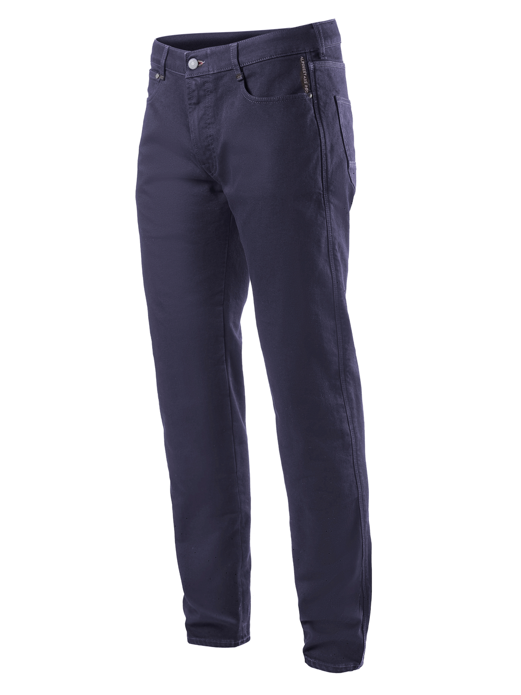 Alpinestars Copper V2 Denim Pants Short Length, calças de ganga para moto, azul-marinho, design de perna direita clássico, fecho de botão e fecho de correr, bolsos frontais com bolso para moedas, presilhas para cinto, confeção em denim resistente