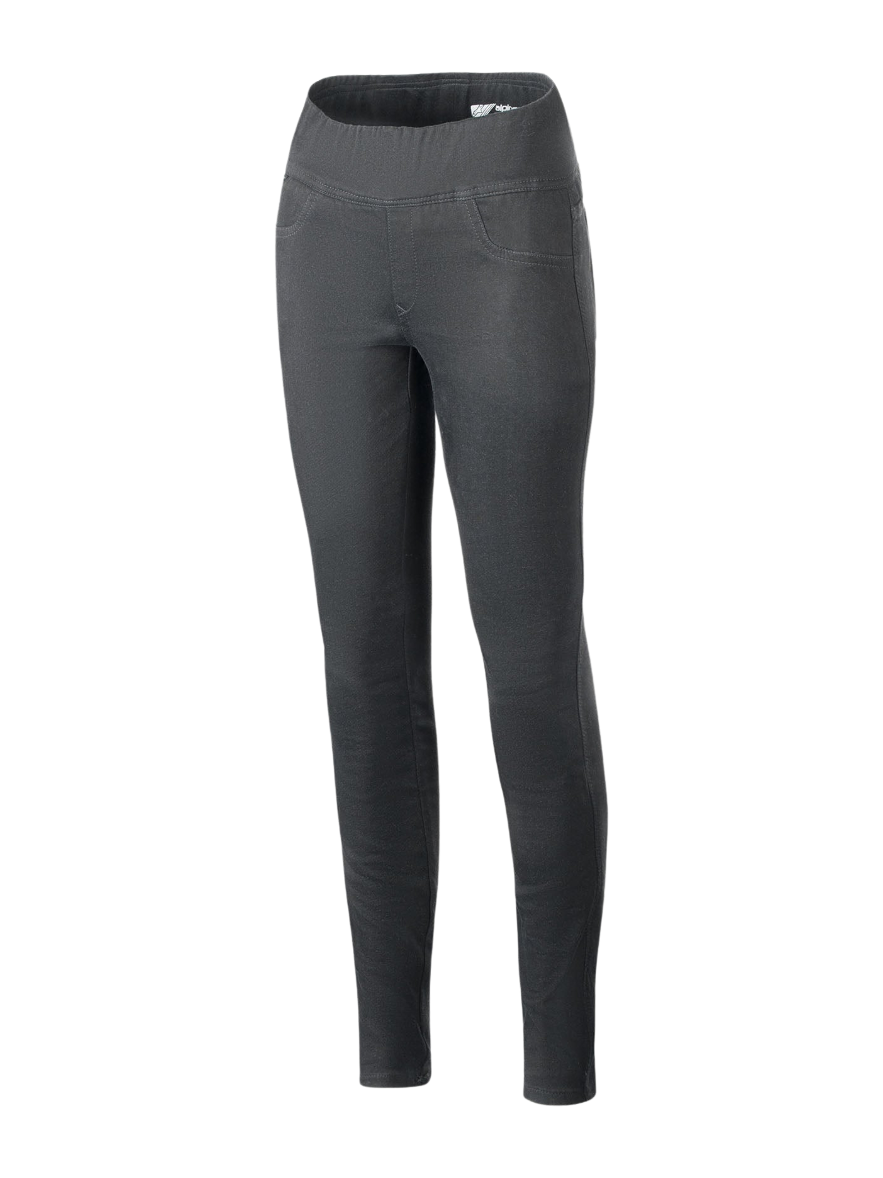 Alpinestars Shuri Women Leggings Summer, leggings de motociclismo para mulher, pretas, cintura alta e corte justo, cós elástico largo, material em denim de algodão elástico, costuras de bolsos frontais falsos, calças de condução de estilo urbano