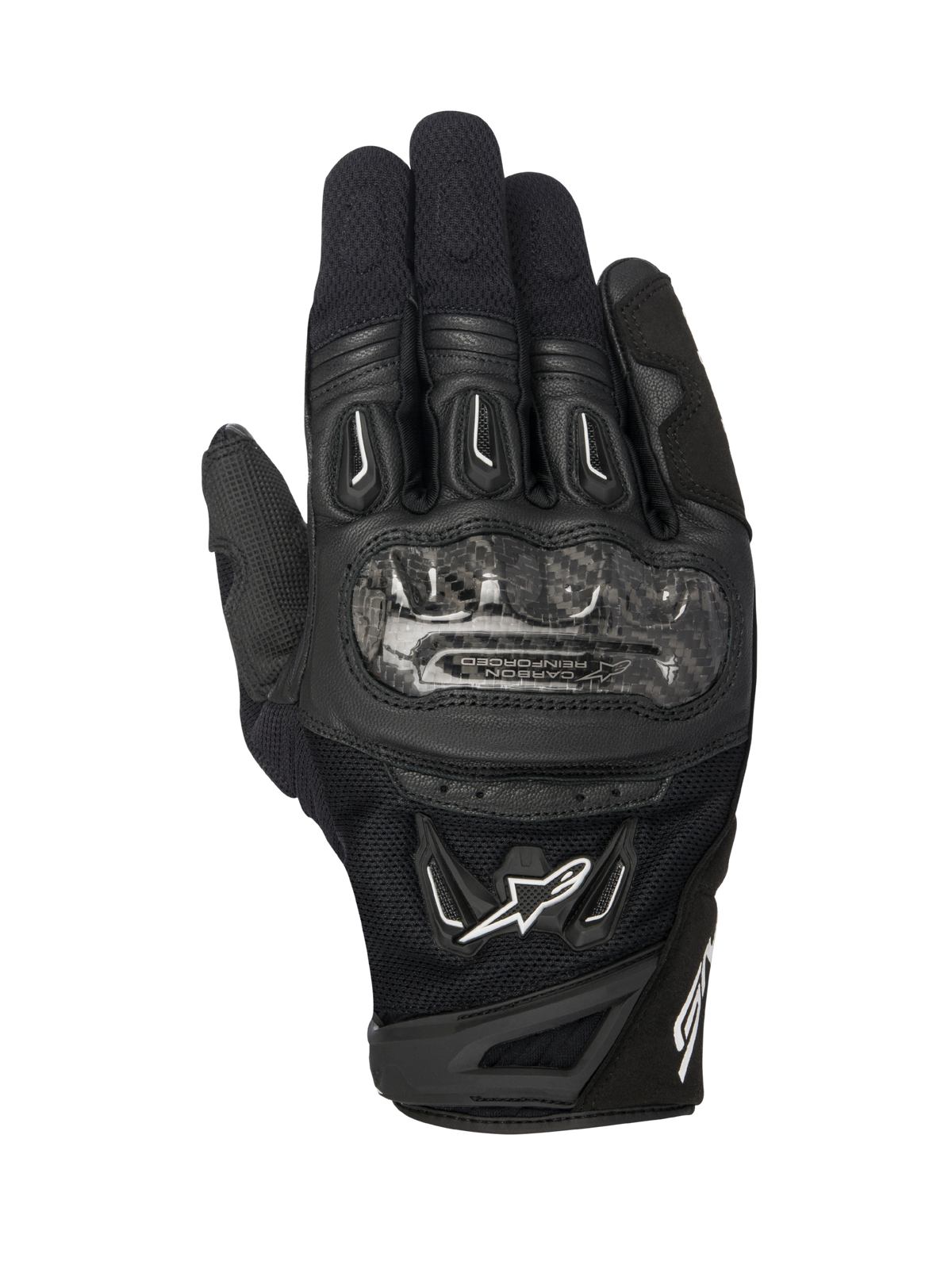 Luvas Alpinestars SMX-2 Air Carbon V2, luvas de motociclismo pretas, vista superior com proteções dos nós dos dedos em fibra de carbono, malha 3D respirável e painéis de pele, logótipo Alpinestars branco e design de punho curto
