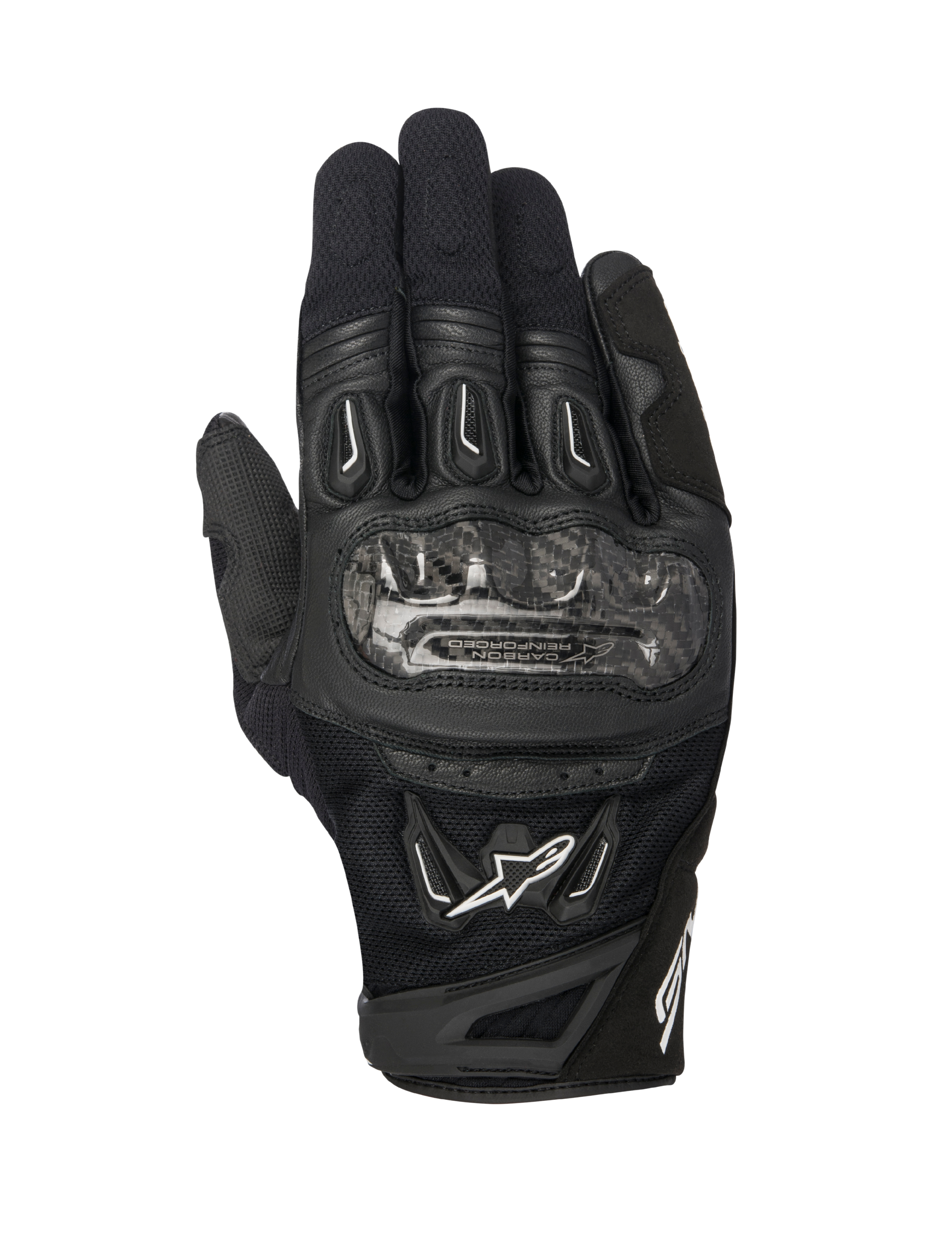 Luvas Alpinestars SMX-2 Air Carbon V2, luvas de motociclismo pretas, vista superior com proteções dos nós dos dedos em fibra de carbono, malha 3D respirável e painéis de pele, logótipo Alpinestars branco e design de punho curto