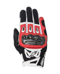 Alpinestars SMX-2 Air Carbon V2 Gloves, Motorcycle Riding Gloves, Black Red and White, featuring a carbon fiber knuckle guard, breathable 3D mesh panels, and Alpinestars logo, short-cuff design for sport riding.