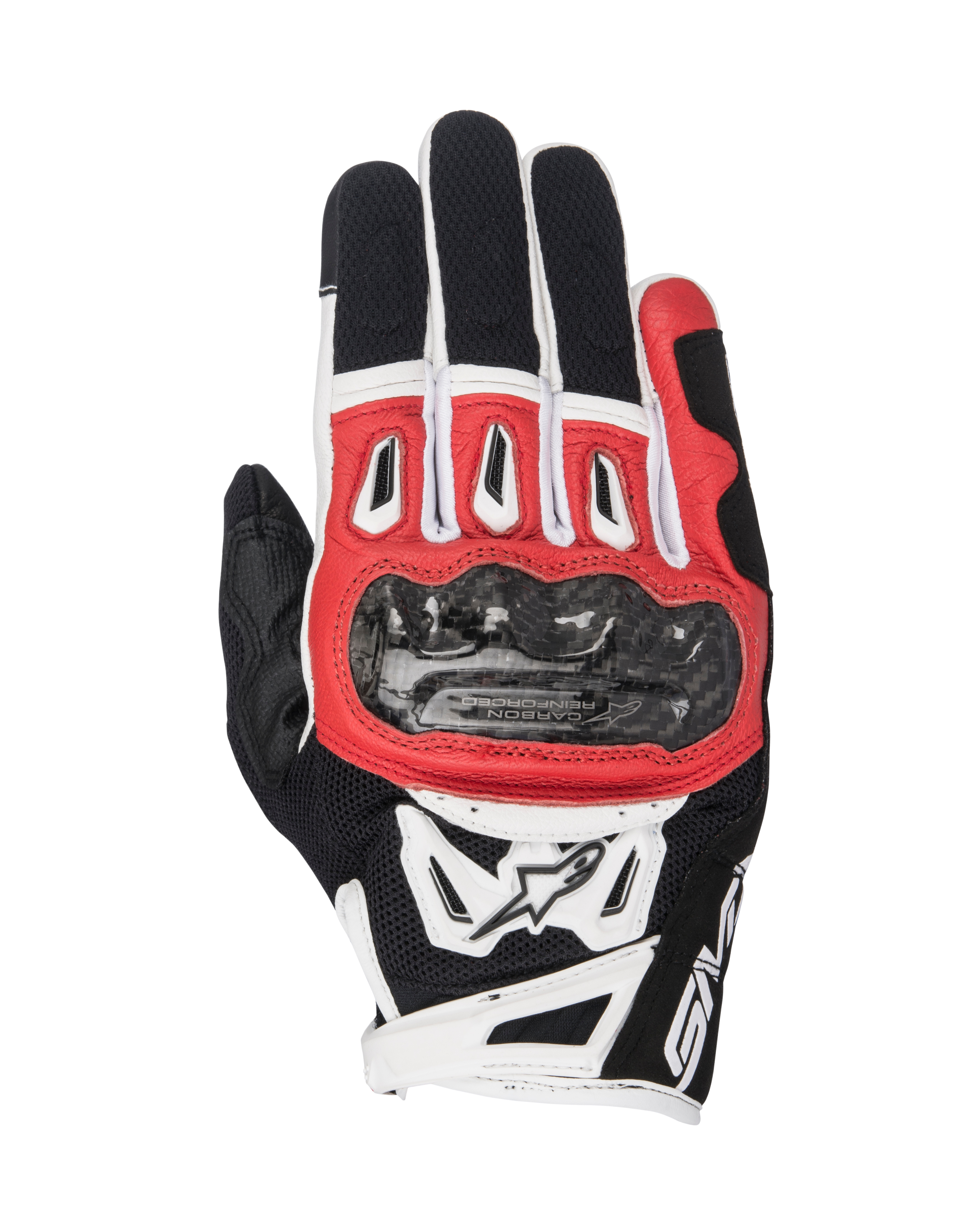 Alpinestars SMX-2 Air Carbon V2 Gloves, Motorcycle Riding Gloves, Black Red and White, featuring a carbon fiber knuckle guard, breathable 3D mesh panels, and Alpinestars logo, short-cuff design for sport riding.