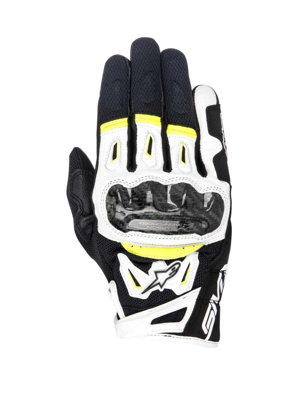 Luvas Alpinestars SMX-2 Air Carbon V2, luvas de motociclismo, pretas, brancas e amarelo néon, com protetores de articulações em fibra de carbono, construção em malha 3D e pele, equipamento desportivo de estrada com detalhes fluorescentes