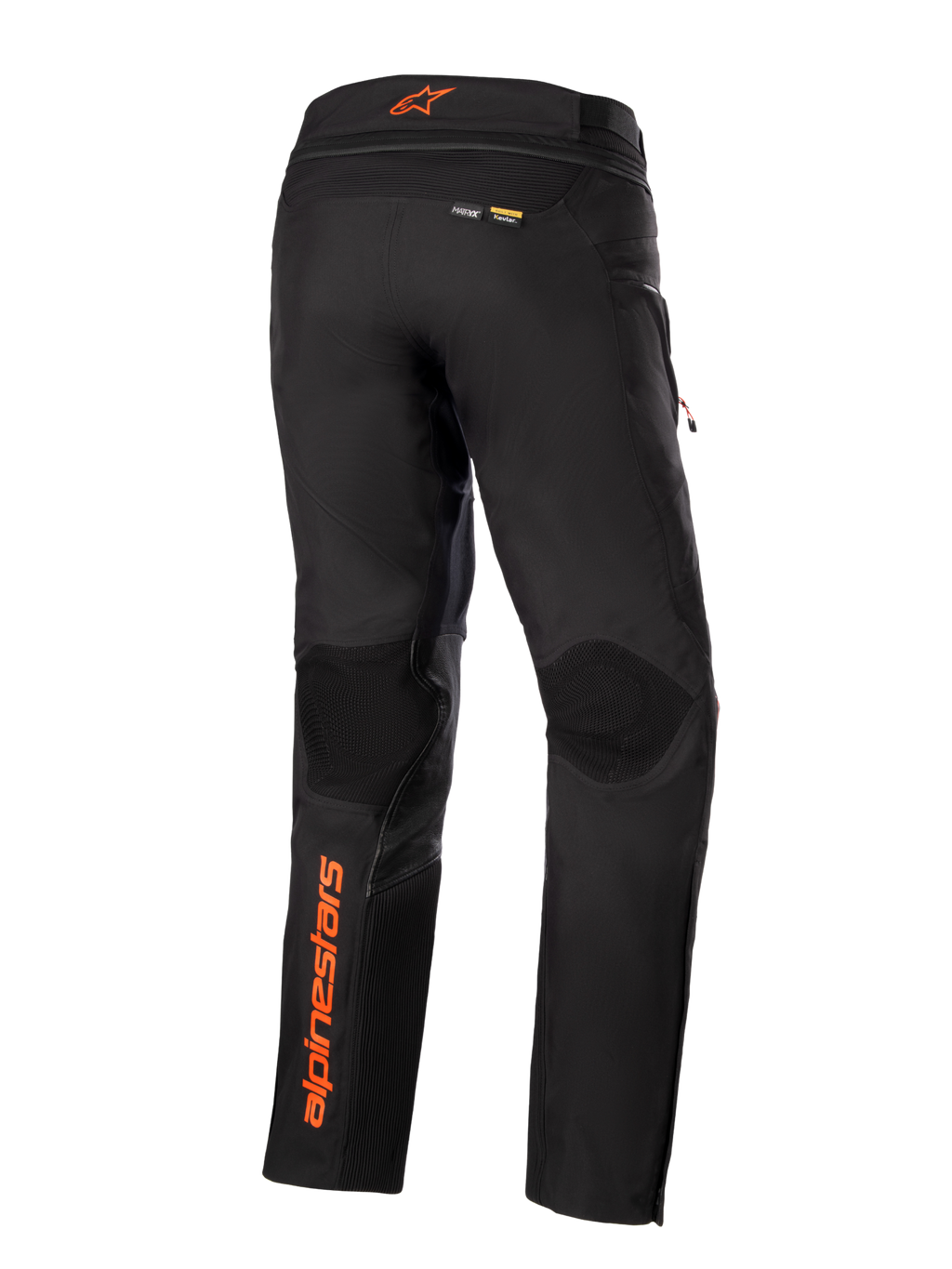 Calças Alpinestars AMT-10R Drystar® XF, pretas com detalhes em cor de laranja, vista traseira mostrando o logótipo vertical Alpinestars em cor de laranja na perna esquerda, painéis texturizados nos joelhos e logótipos Kevlar e Matryx, calças técnicas de motociclismo adventure touring