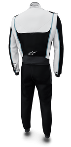 Macacão Alpinestars Tech Vision V3, vista traseira em preto e branco com azul, Nomex com certificação FIA e SFI.