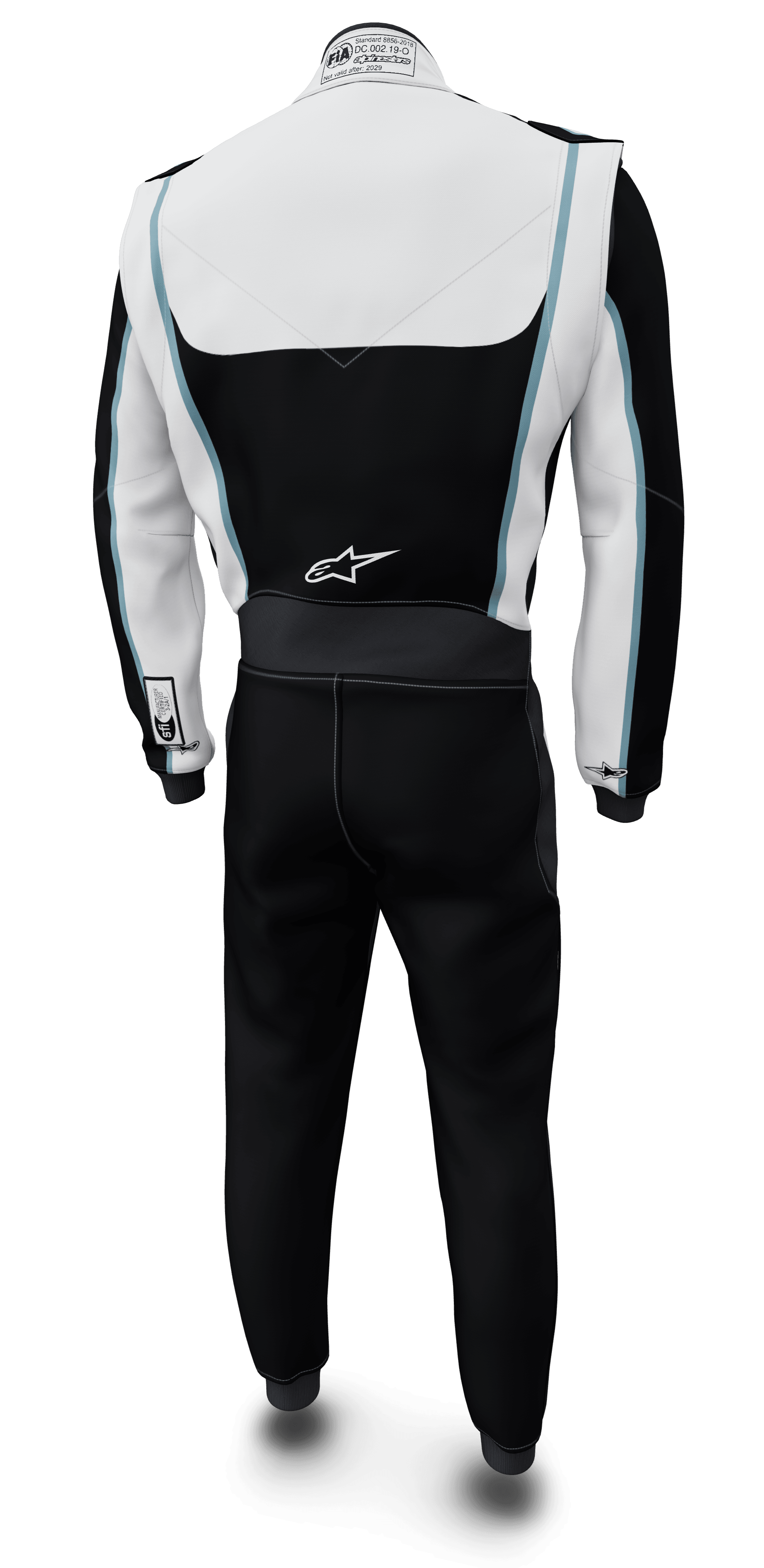 Macacão Alpinestars Tech Vision V3, vista traseira em preto e branco com azul, Nomex com certificação FIA e SFI.