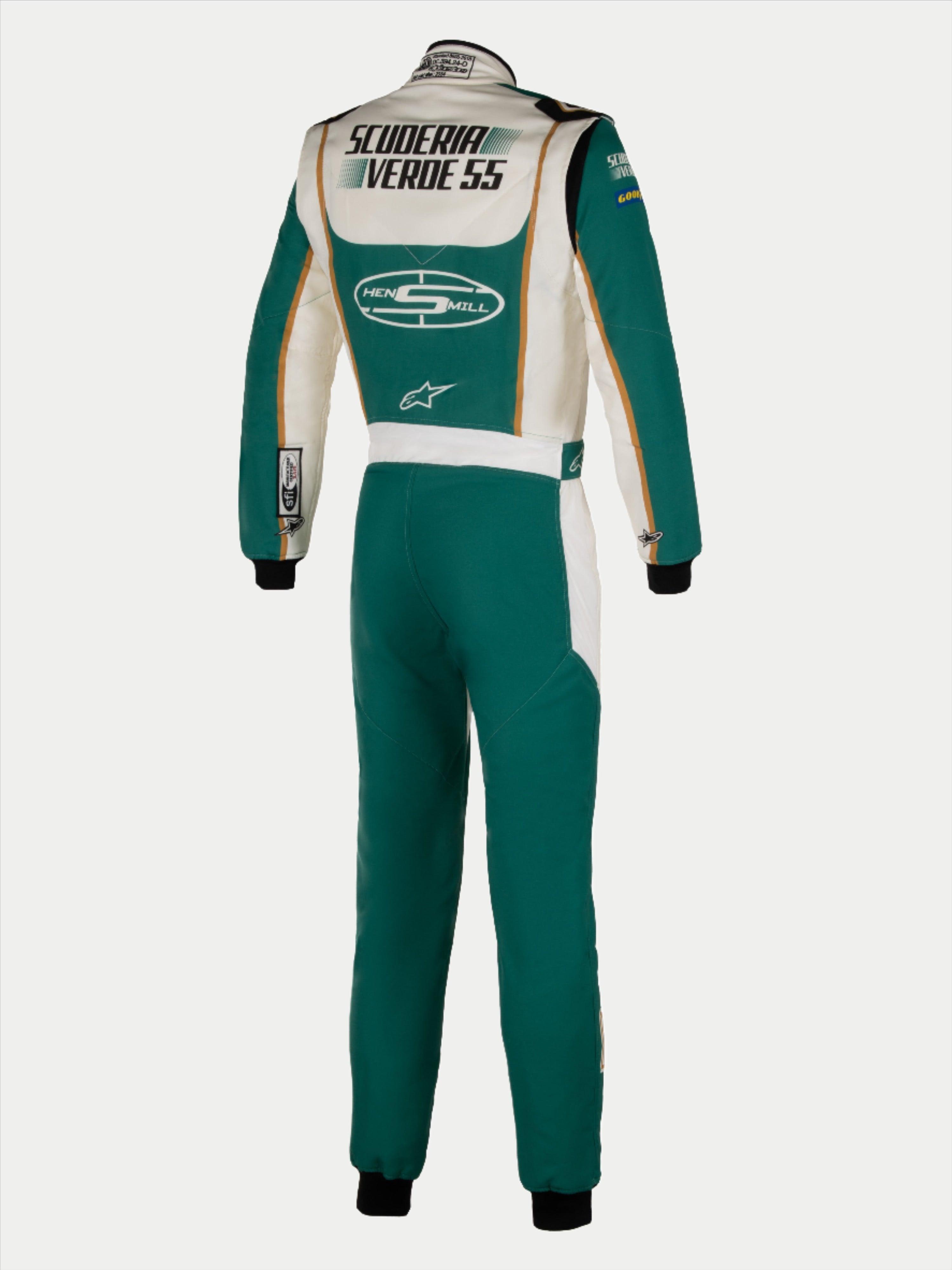 Alpinestars macacão Tech Vision V3 personalizado por medida, fato de corrida profissional, verde e branco com detalhes dourados, vista traseira, certificado FIA e SFI.