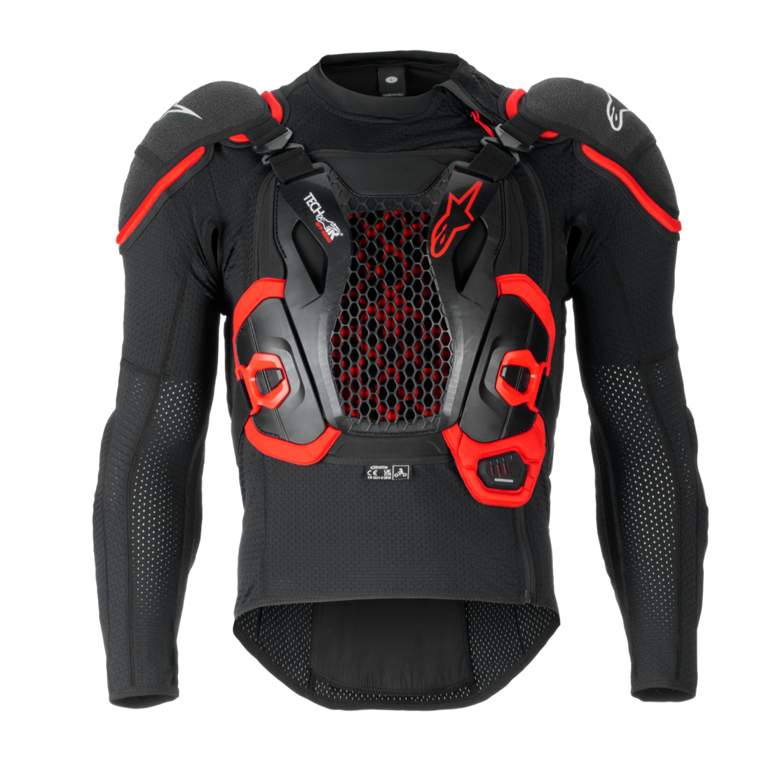 Alpinestars Tech-Air® Off-Road System, motorcycle airbag protection jacket, Black and Red, featuring a central hexagonal mesh chest panel, padded shoulders and elbows with red accents, perforated sleeves for airflow, advanced safety gear for off-road racing
