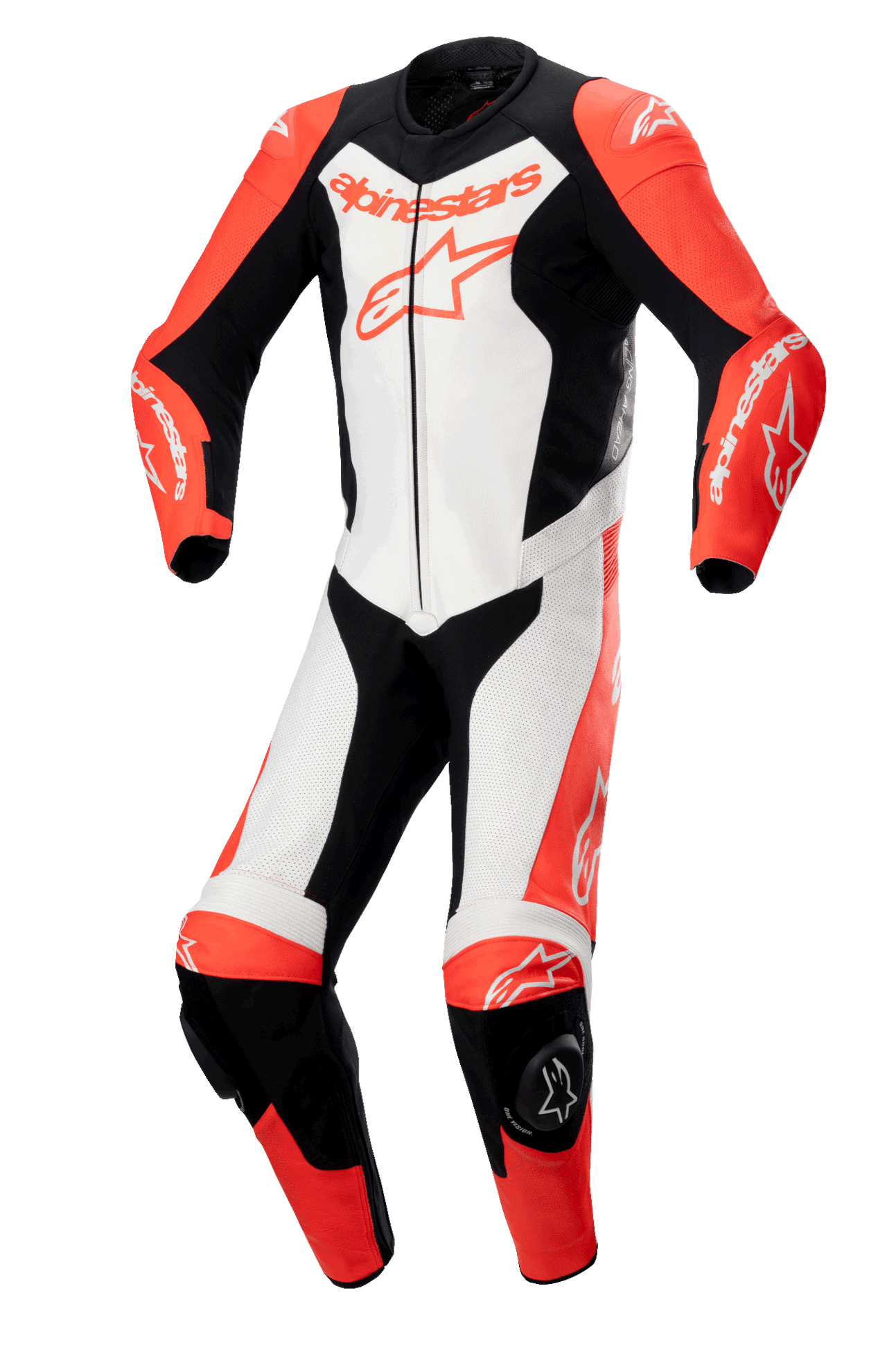 Alpinestars GP Force Lurv 1-Piece Leather Suit, fato de motociclismo profissional, vermelho fluo, branco e preto, com construção em couro bovino de alto desempenho, painéis perfurados, proteções de ombro DFS Lite, sliders de joelho e logótipos Alpinestars em destaque