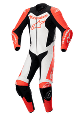 Alpinestars GP Force Lurv 1-Piece Leather Suit, fato de motociclismo profissional, vermelho fluo, branco e preto, com construção em couro bovino de alto desempenho, painéis perfurados, proteções de ombro DFS Lite, sliders de joelho e logótipos Alpinestars em destaque