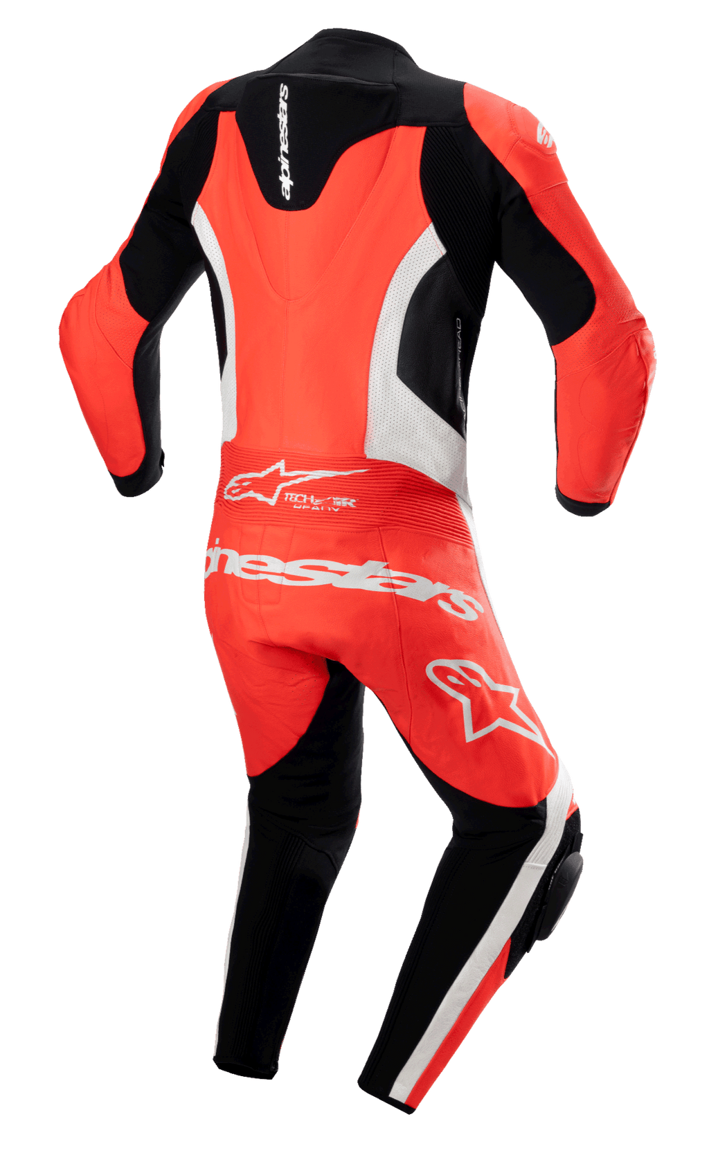 Macacão de Couro Alpinestars GP Force Lurv 1 Peça, Vermelho Fluo, Branco e Preto, vista traseira com bossa aerodinâmica, painéis de couro perfurado branco, logótipo Alpinestars em branco na zona inferior das costas, macacão profissional de motociclismo com painéis de acordeão
