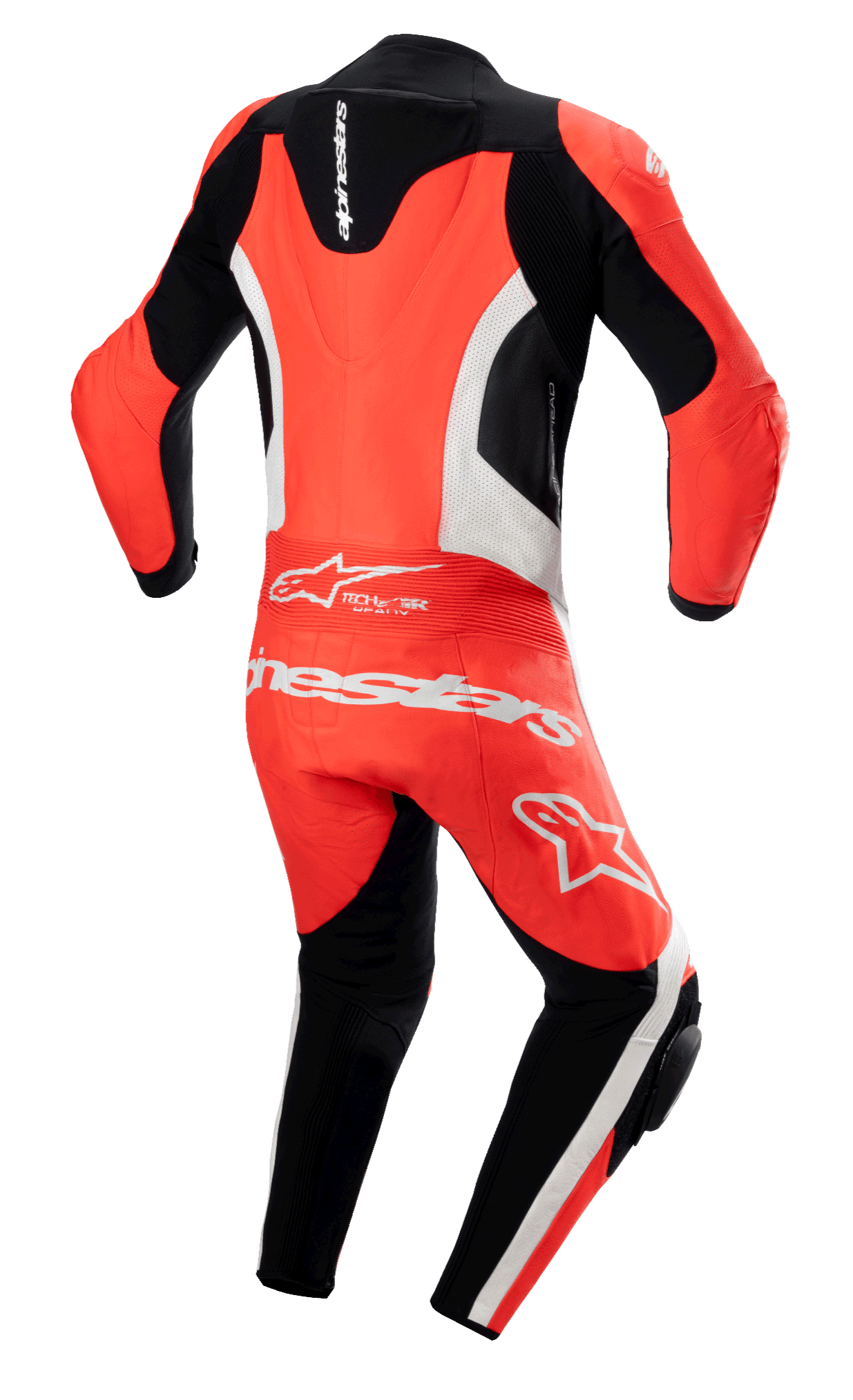 Macacão de Couro Alpinestars GP Force Lurv 1 Peça, Vermelho Fluo, Branco e Preto, vista traseira com bossa aerodinâmica, painéis de couro perfurado branco, logótipo Alpinestars em branco na zona inferior das costas, macacão profissional de motociclismo com painéis de acordeão