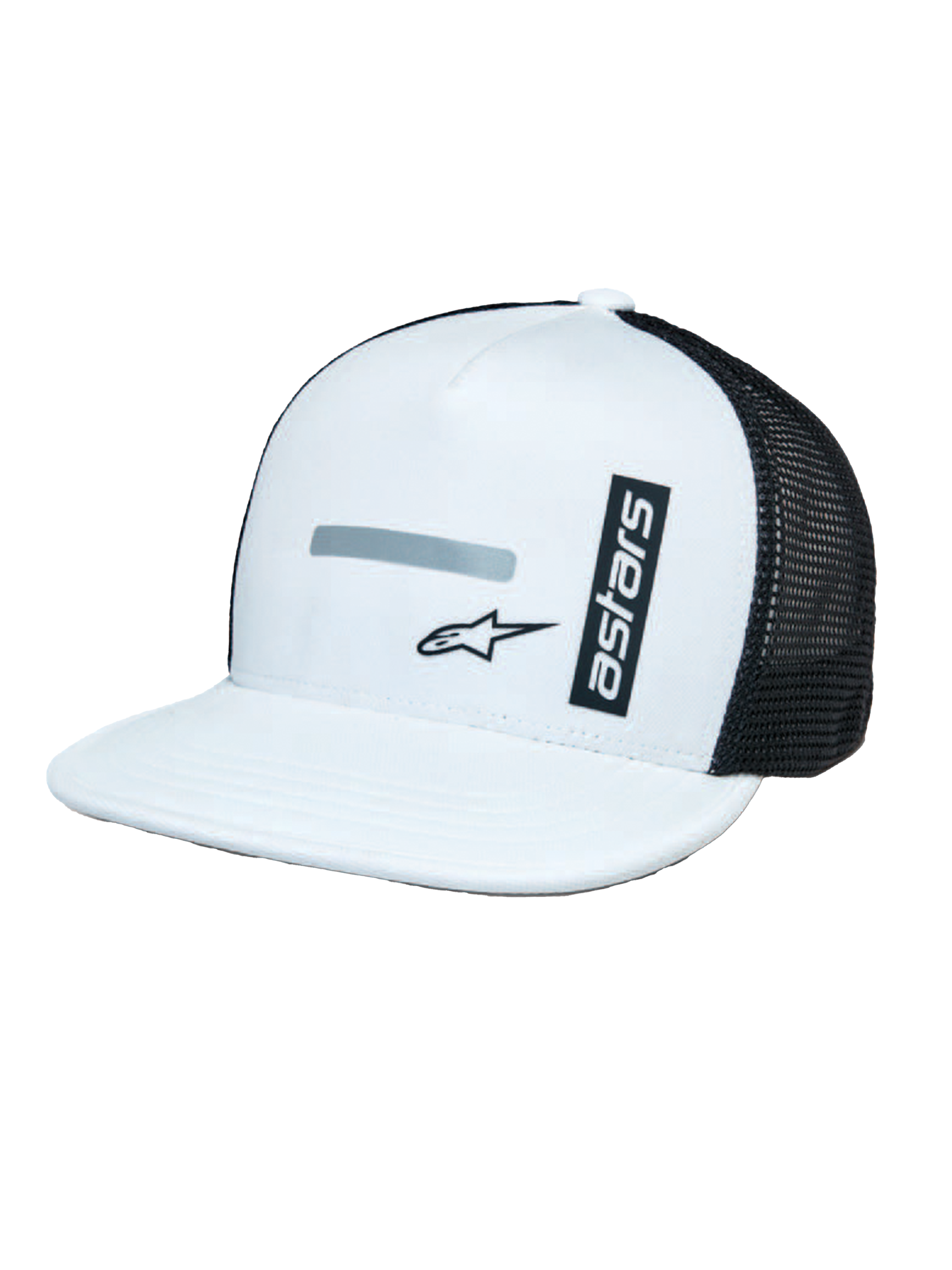 Alpinestars Alter Trucker Hat, White and Black, structured white crown and flat bill, black mesh back panels, vertical 'astars' branding and reflective logo print, casual motorsport-inspired headwear
