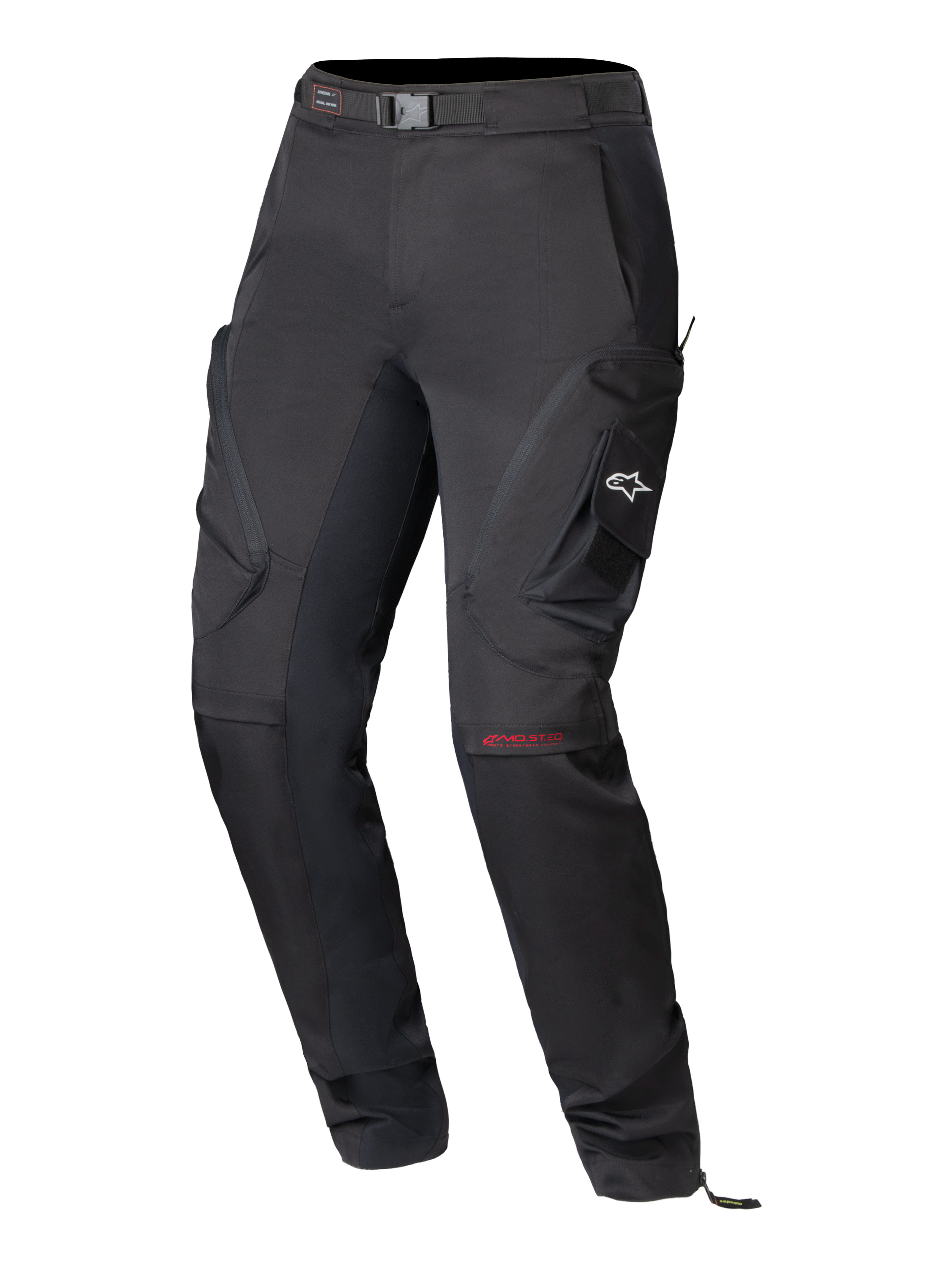 Alpinestars Actea Women's Pants, Black Motorcycle Pants, technical road design featuring side cargo pockets with a white A-star logo, red MO.ST.EQ branding on the knee, integrated waist belt, and a modern tapered fit.