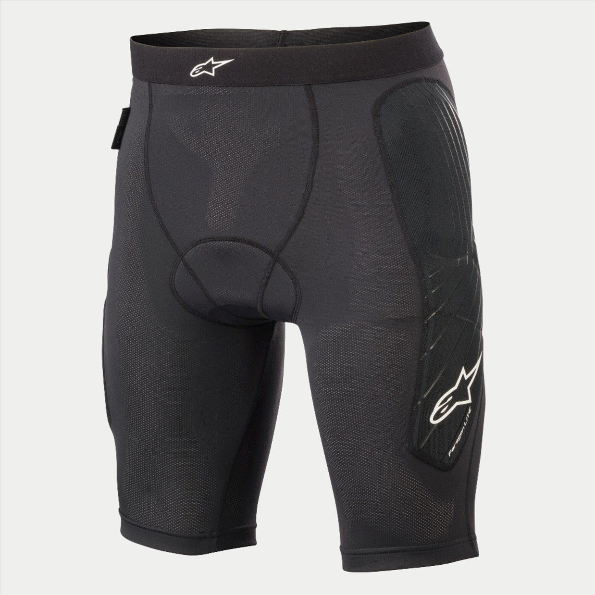 Alpinestars Youth Paragon Lite Protection Short, calções de proteção para ciclismo, pretos, com tecido de malha respirável, acolchoamento integrado na anca, logótipo Alpinestars branco no cós e na lateral da perna, calções interiores de proteção leves para BTT