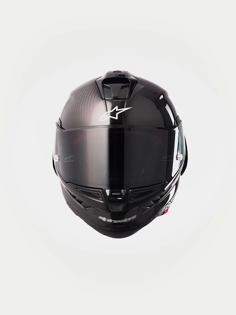 Alpinestars Supertech R10 Solid Helmet, Black Carbon Matte Glossy, full face motorcycle racing helmet, ECE and FIM certified carbon composite shell with aerodynamic rear spoiler and dark visor