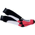 Alpinestars Road Racing Summer Socks, Black White and Red, pair of mid-calf motorcycle racing socks, featuring black cuffs with white logo, white graphic midsection, and red foot area, breathable athletic construction