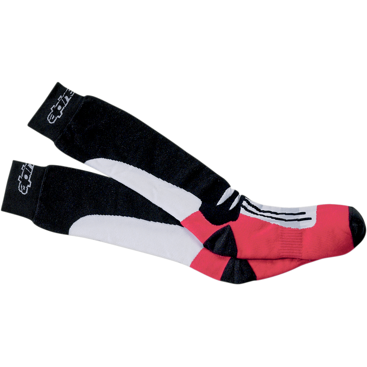 Alpinestars Road Racing Summer Socks, Black White and Red, pair of mid-calf motorcycle racing socks, featuring black cuffs with white logo, white graphic midsection, and red foot area, breathable athletic construction