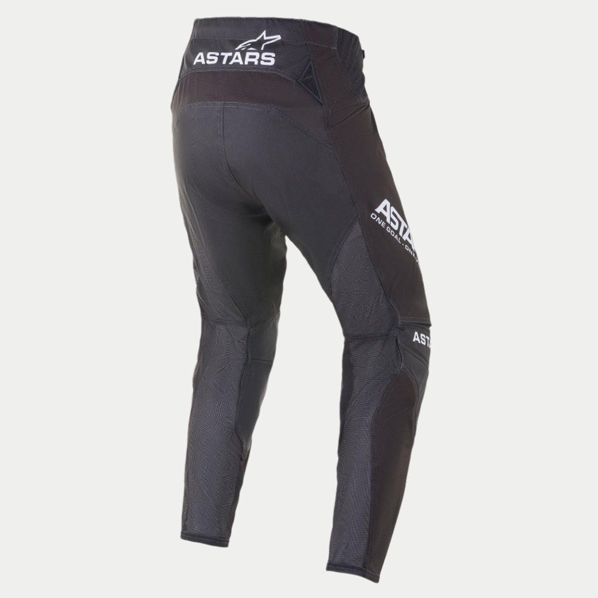 Alpinestars 2021 Techstar Phantom Pants, calças de motocross, pretas e brancas, vista traseira com logótipo ASTARS branco na cintura e na coxa lateral, painéis de malha texturizada cinzento carvão nas pernas, e design de ajuste de performance para competição