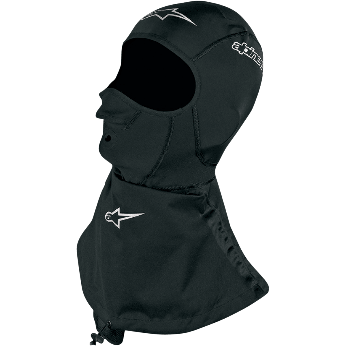 Alpinestars Winter Touring Balaclava, balaclava de moto unissexo, preta, saia de pescoço impermeável e logótipos brancos.