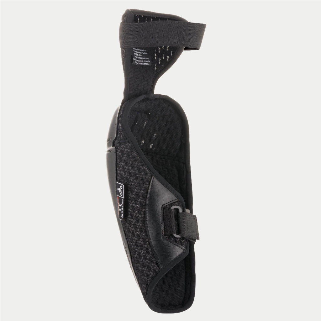 Alpinestars Youth Bionic Plus Elbow Protector, preto, vista interior que destaca o forro em malha 3D respirável e o fecho de dupla alça, design ergonómico leve para proteção de motocross juvenil