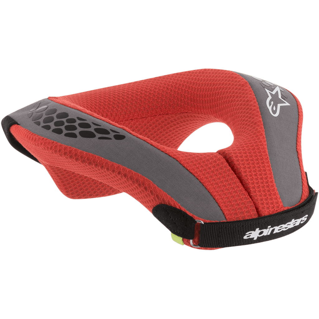 Youth Sequence Neck Roll da Alpinestars, protetor de pescoço para motocross, vermelho e cinzento, com acolchoamento em malha vermelha e pormenores cinzentos, tira preta, logótipo branco, proteção ergonómica para jovens pilotos