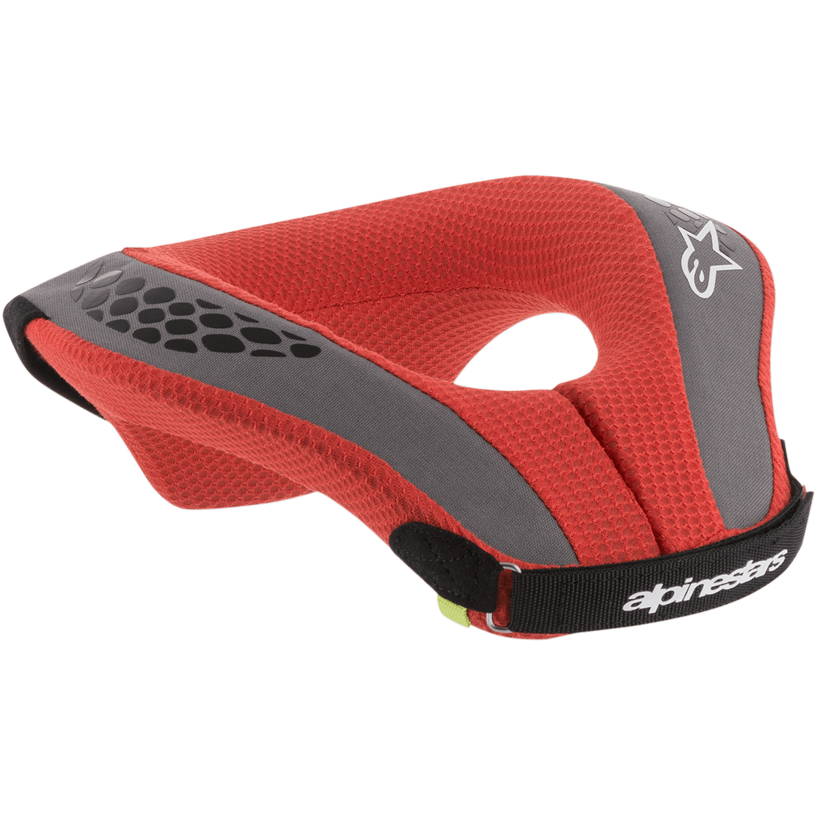Youth Sequence Neck Roll da Alpinestars, protetor de pescoço para motocross, vermelho e cinzento, com acolchoamento em malha vermelha e pormenores cinzentos, tira preta, logótipo branco, proteção ergonómica para jovens pilotos