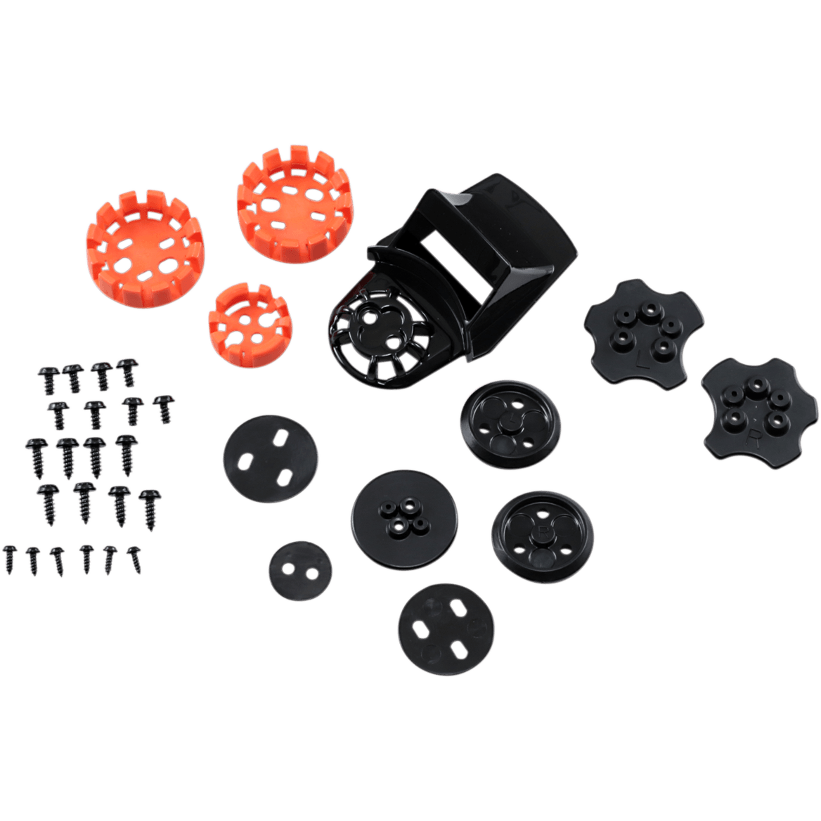 Alpinestars Supertech M10/M8, conjunto de conectores para a viseira do capacete, preto e laranja, kit de peças de substituição com diversos suportes de plástico pretos, conectores circulares laranja e parafusos metálicos, para fixação segura da viseira em capacetes de motocross