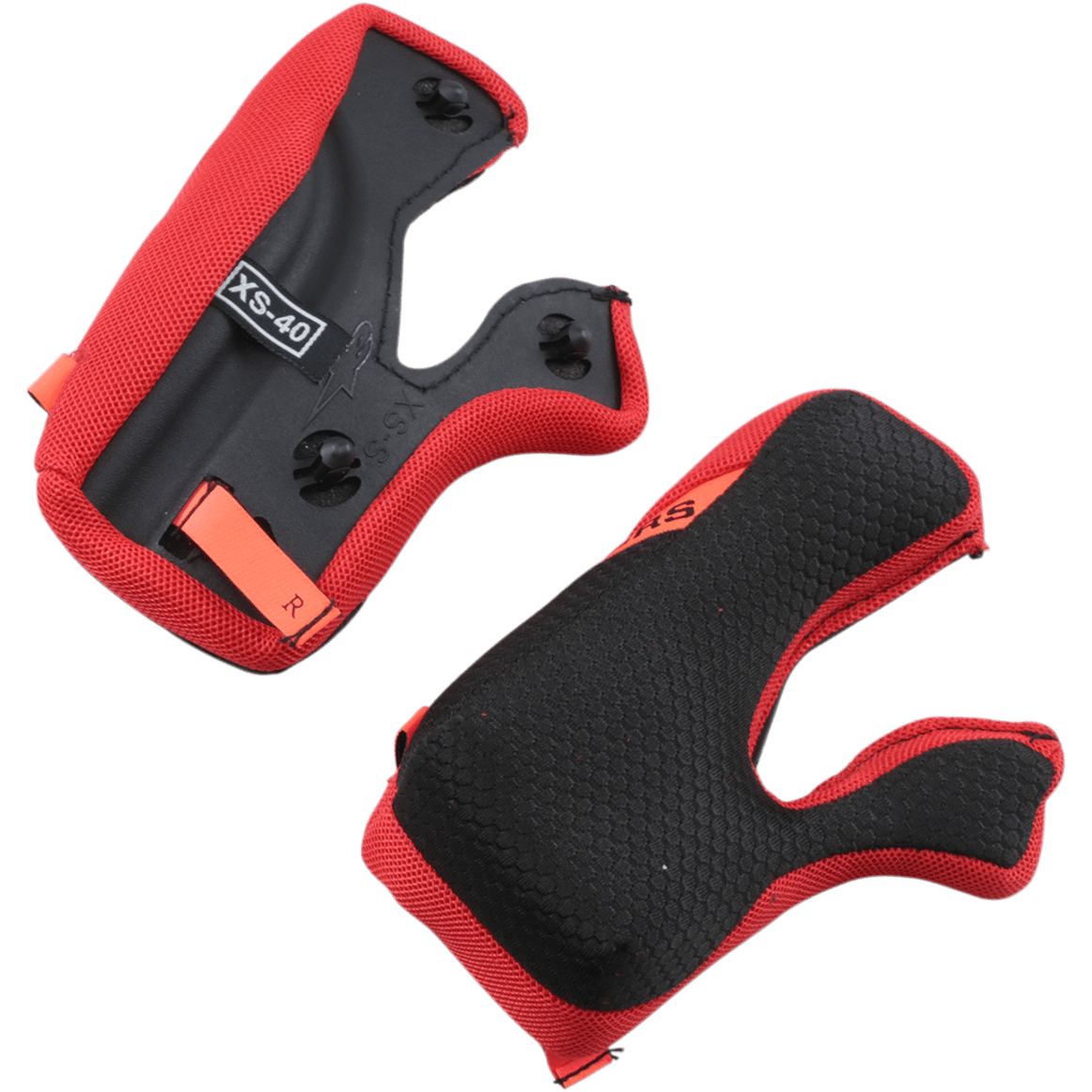 Almofadas Laterais Alpinestars Supertech M10/M8 +5mm, forro de substituição para capacete de motociclismo, vermelho e preto, com superfície interior texturizada em favo de mel e parte traseira preta com fitas de emergência cor de laranja, marcação de tamanho XS-40