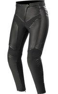 Alpinestars Stella Vika V2 Leather Pants, calças de motociclismo para senhora, pretas, construção em pele premium com painéis elásticos de aramida, design justo para realçar a silhueta, proteção com certificação CE, equipamento de condução urbana elegante