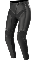 Alpinestars Stella Vika V2 Leather Pants, calças de motociclismo para senhora, pretas, construção em pele premium com painéis elásticos de aramida, design justo para realçar a silhueta, proteção com certificação CE, equipamento de condução urbana elegante